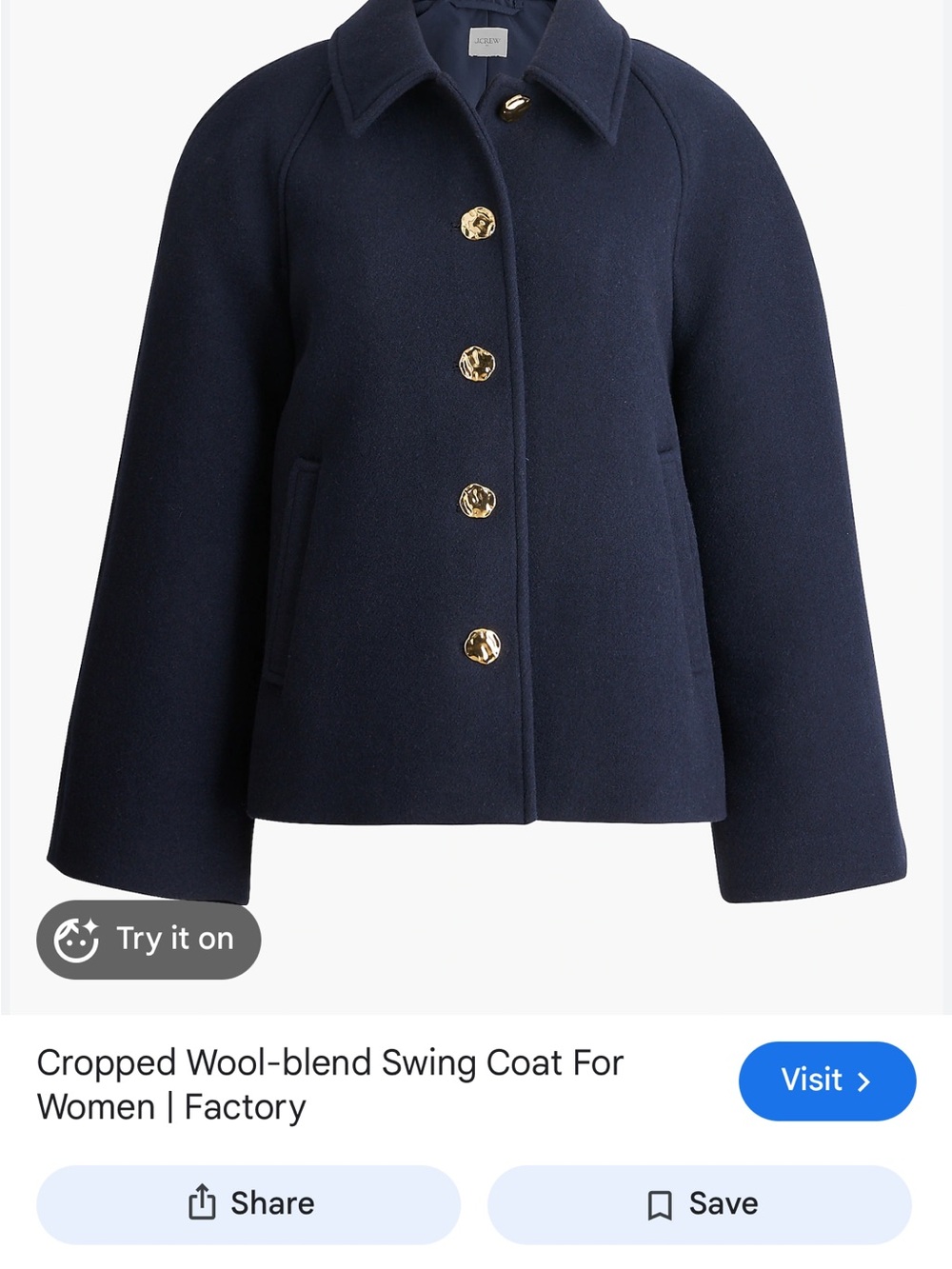 J. Crew Navy Wool-Blend Cropped Pea Coat with Gold Buttons - Picture 5 of 6
